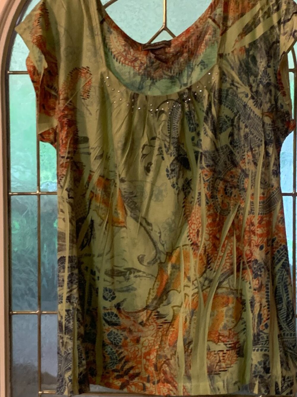 Women's L Jane Ashley Colorful  Green Print Blouse
